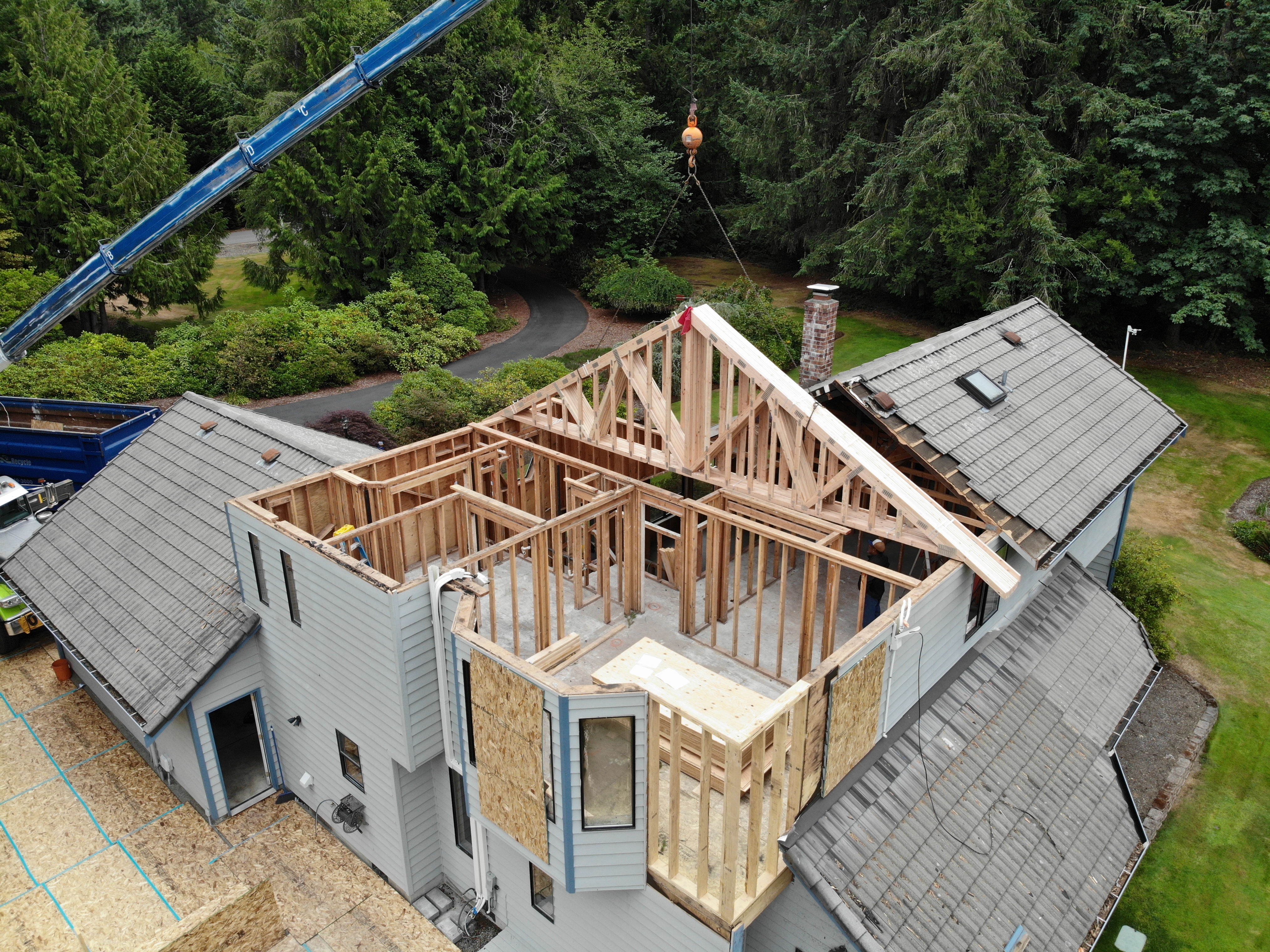 Aerial view of roof framing and truss installation